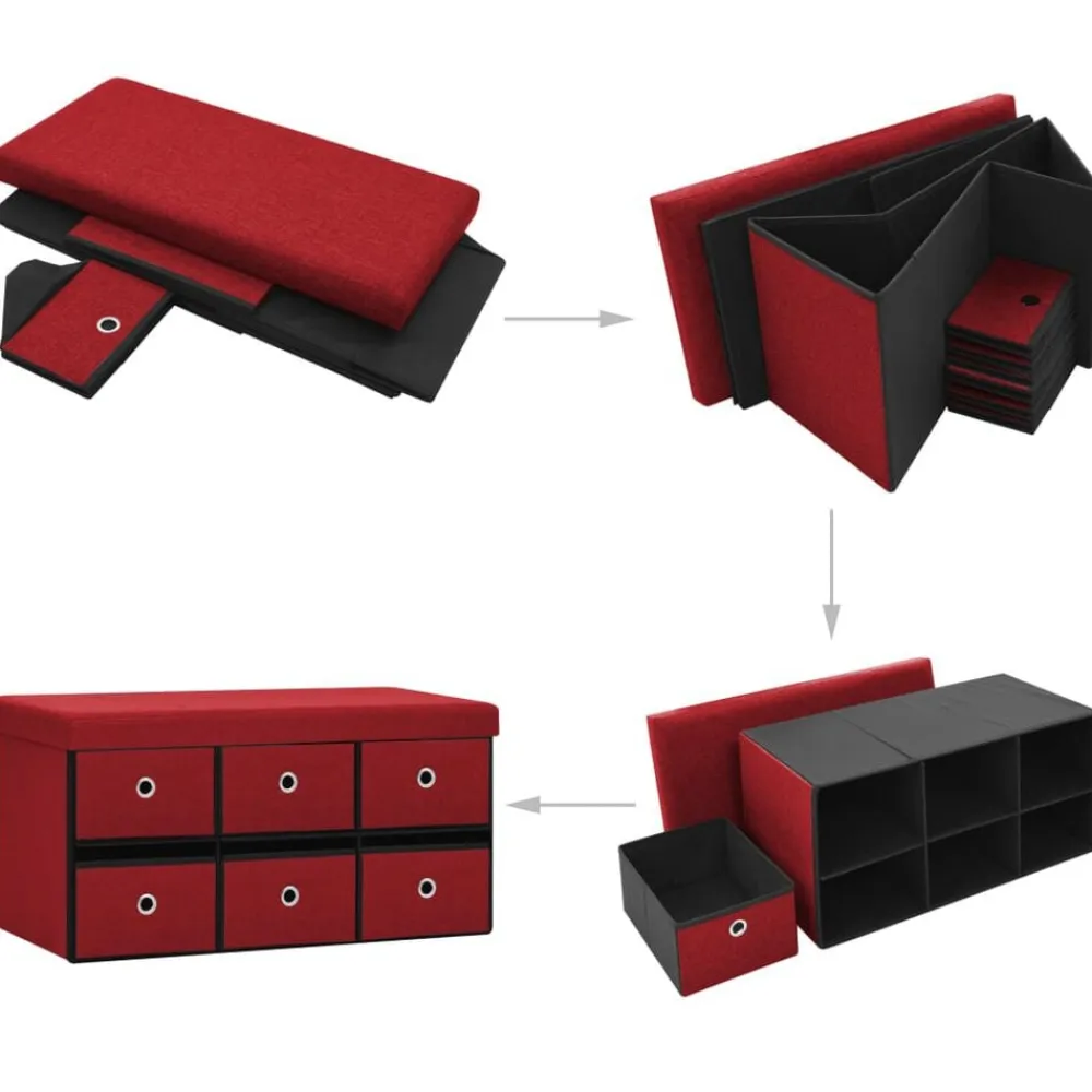vidaXL Bancos-Banco almacenaje plegable lino sintético rojo tinto 76x38x38 cm
