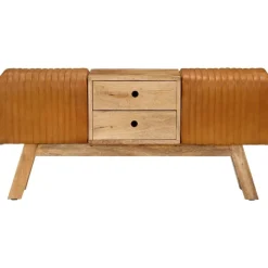 vidaXL Bancos-Banco Bok madera de mango piel de cabra auténtica marrón 107 cm