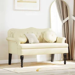 vidaXL Banco Chesterfield 120.5 x 65 x 75 cm Cuero sintético Crema Discount