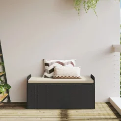 vidaXL Muebles De Jardín-Banco con almacenaje y cojín ratán sintético 115x51x52 cm
