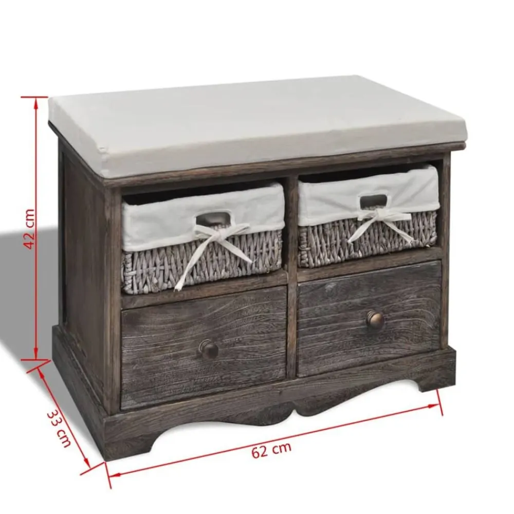 vidaXL Banco de almacenaje de madera de Paulownia marrón 62x33x42 cm New