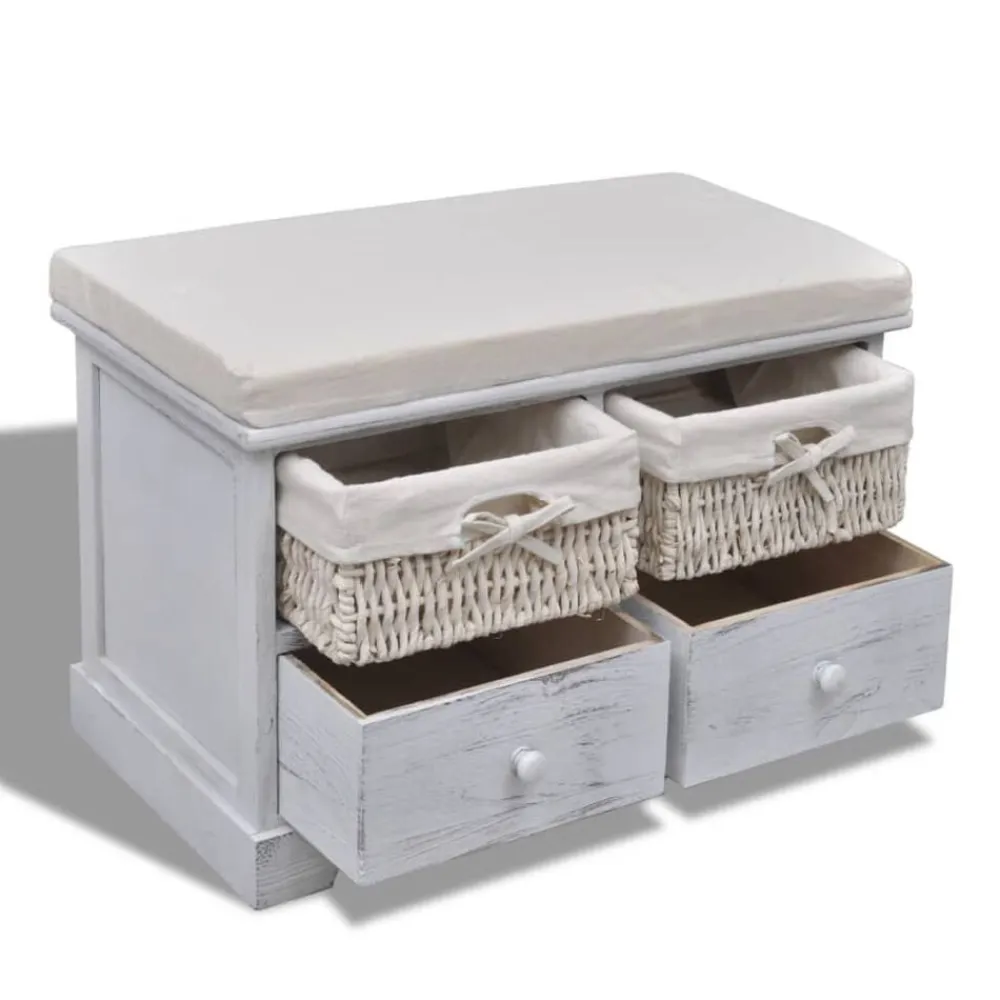 vidaXL Banco de almacenaje de madera de Paulownia blanco 62x33x42 cm Sale