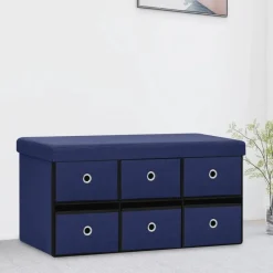 vidaXL Banco de almacenaje plegable lino sintético 76x38x38 cm Azul Discount
