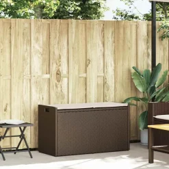 vidaXL Muebles De Jardín-Banco de almacenaje con cojín marrón 100 cm ratán sintético