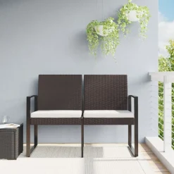 vidaXL Banco de jardín 2 plazas con cojines PP aspecto de ratán marrón Marr&oacute;n Best