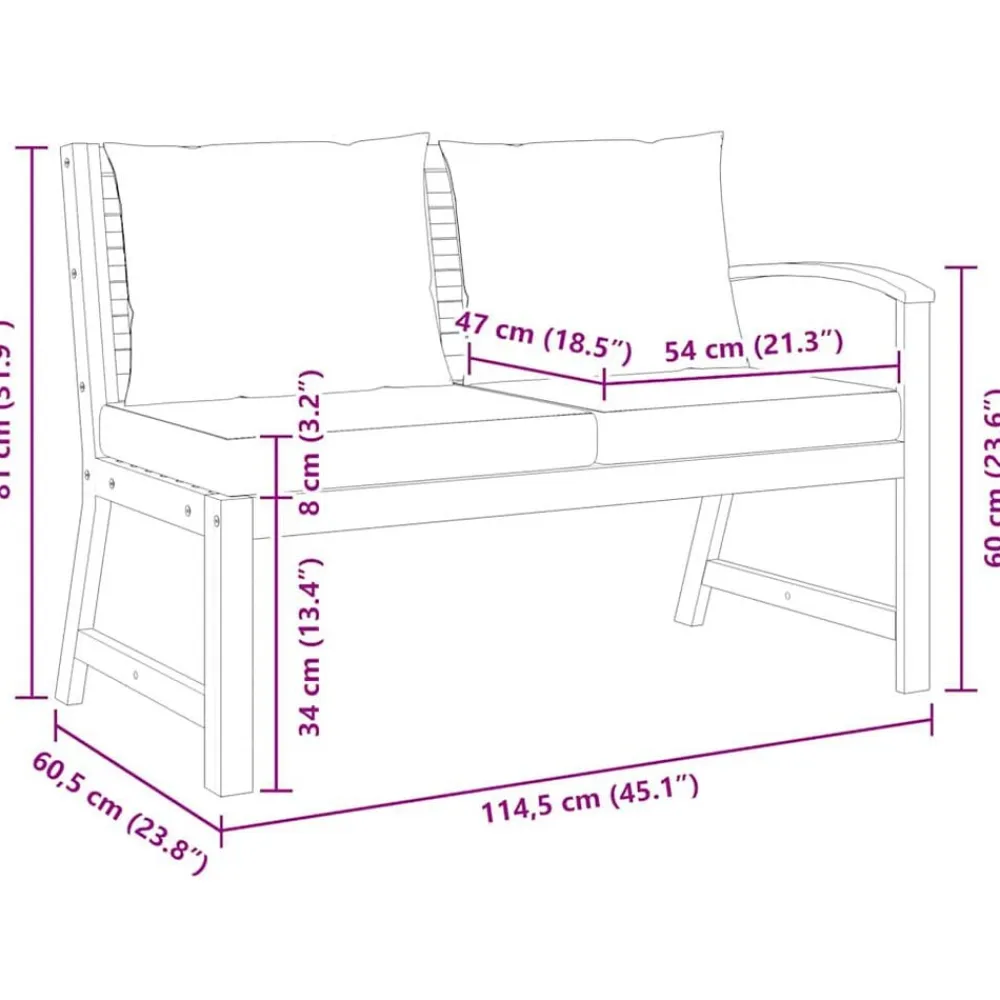 vidaXL Muebles De Jardín-Banco de jardín madera de acacia y cojines 114,5 cm