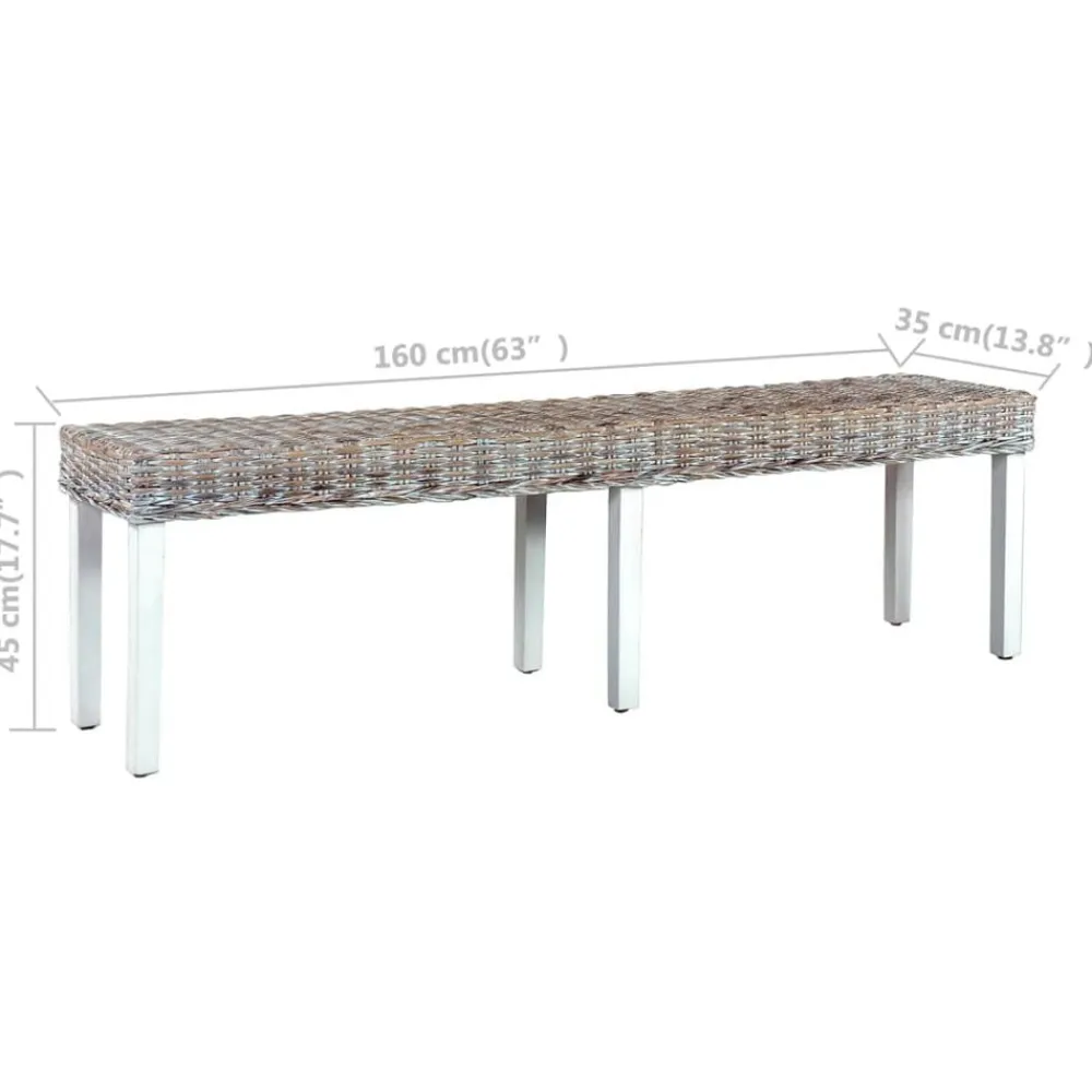 vidaXL Banco de ratán kubu y madera maciza de mango 160 cm Blanco New