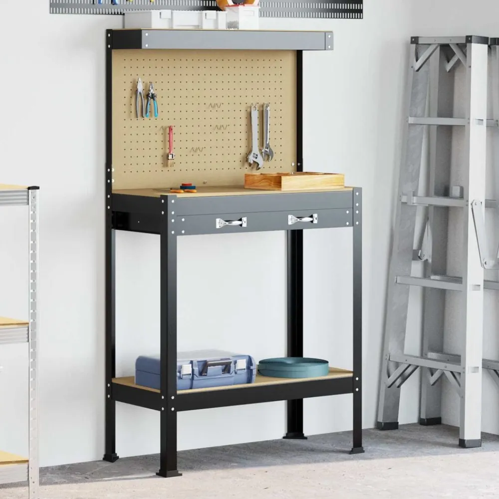 vidaXL Accesorios De Bricolaje-Banco de trabajo con cajón con estante Negro 81 x 41 x 145 cm