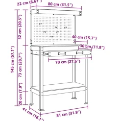 vidaXL Accesorios De Bricolaje-Banco de trabajo con cajón con estante Negro 81 x 41 x 145 cm