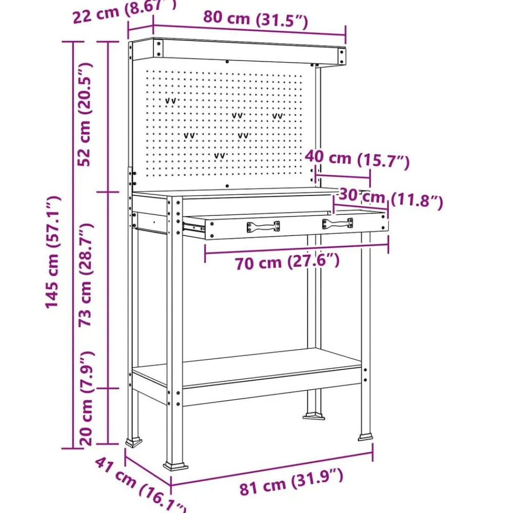 vidaXL Accesorios De Bricolaje-Banco de trabajo con cajón con estante Negro 81 x 41 x 145 cm