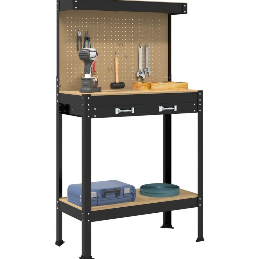 vidaXL Accesorios De Bricolaje-Banco de trabajo con cajón con estante Negro 81 x 41 x 145 cm