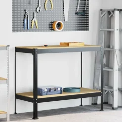 vidaXL Banco de trabajo con estante Negro 115 x 55 x 91 cm Discount