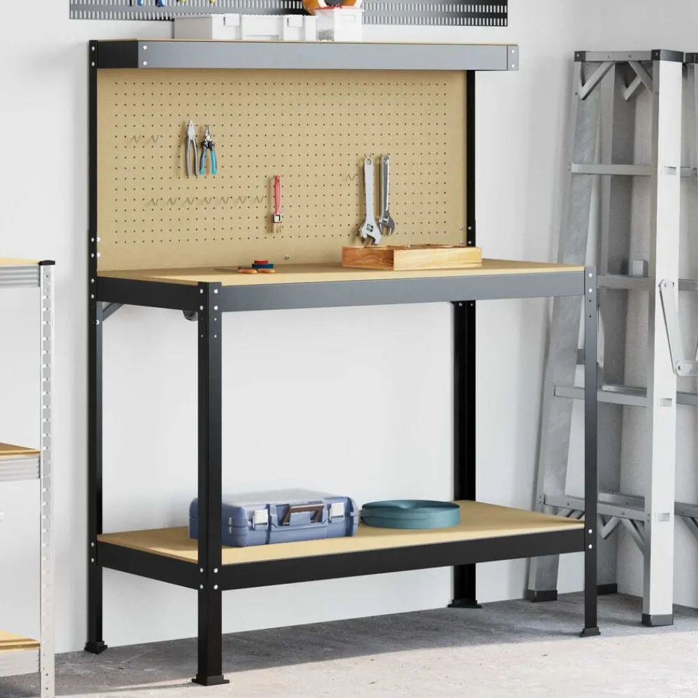 vidaXL Accesorios De Bricolaje-Banco de trabajo con estante Negro 114 x 54 x 145 cm