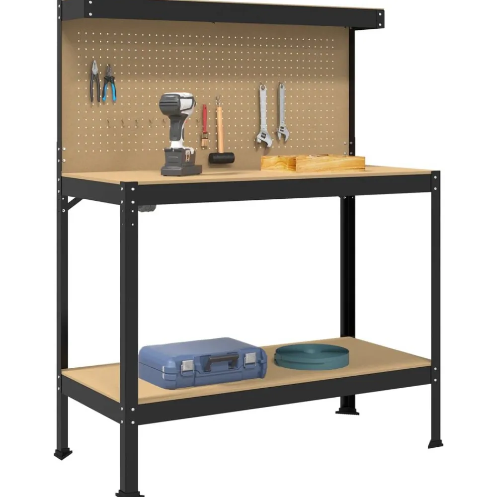 vidaXL Accesorios De Bricolaje-Banco de trabajo con estante Negro 114 x 54 x 145 cm