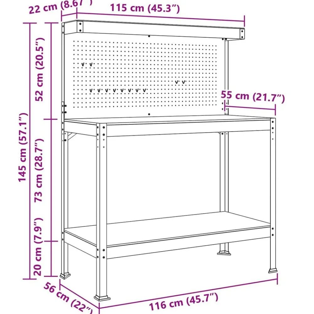 vidaXL Accesorios De Bricolaje-Banco de trabajo con estante Negro 114 x 54 x 145 cm
