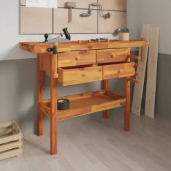 vidaXL Accesorios De Bricolaje-Banco de trabajo cajones y tornillos banco acacia 124x52x83 cm