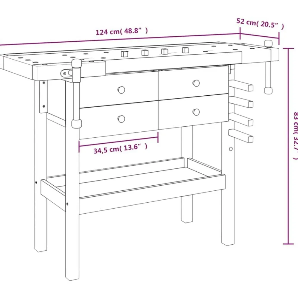 vidaXL Accesorios De Bricolaje-Banco de trabajo cajones y tornillos banco acacia 124x52x83 cm