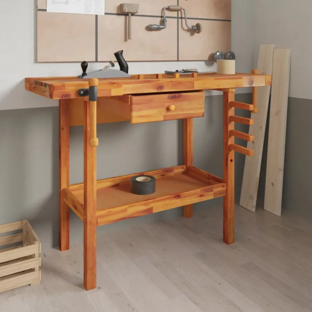 vidaXL Banco de trabajo con cajón y tornillos de banco 124x52x83 cm madera maciza de acacia Best