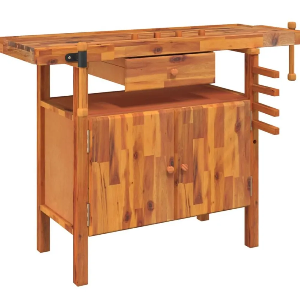 vidaXL Banco de trabajo con cajón y tornillos de banco 124x52x83 cm madera maciza de acacia Clearance