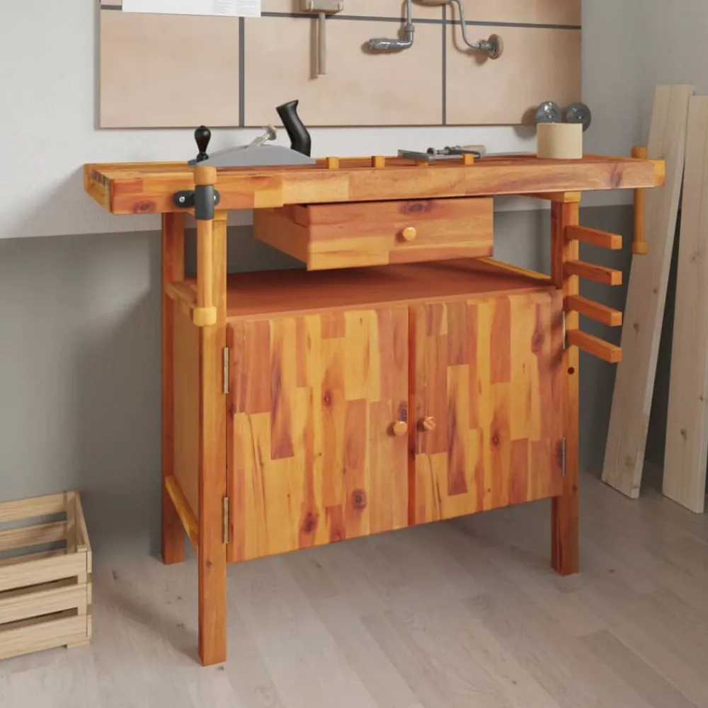 vidaXL Banco de trabajo con cajón y tornillos de banco 124x52x83 cm madera maciza de acacia Clearance