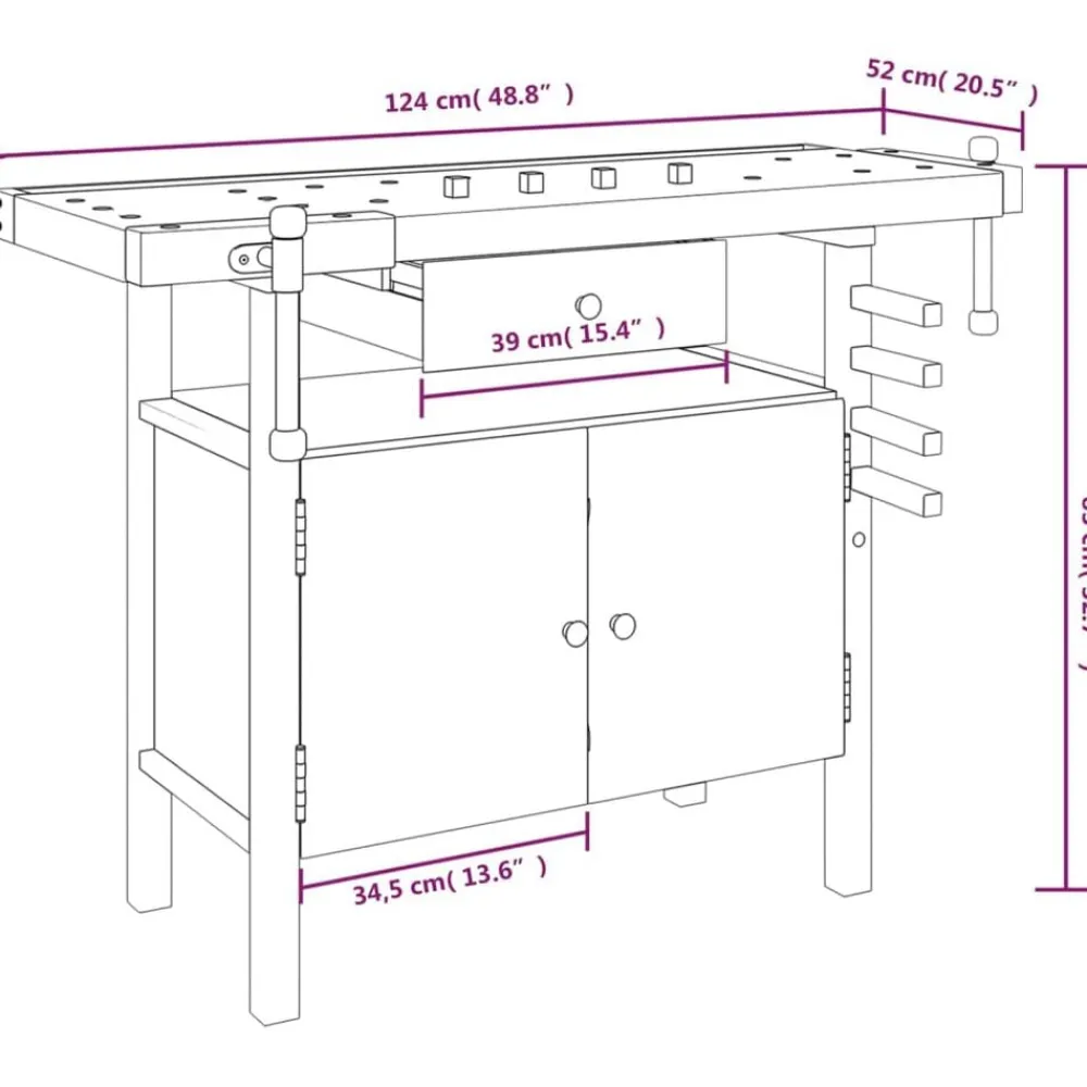 vidaXL Banco de trabajo con cajón y tornillos de banco 124x52x83 cm madera maciza de acacia Clearance