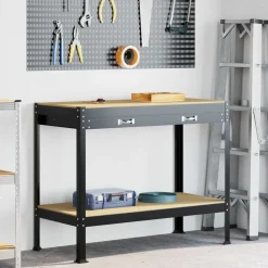vidaXL Banco de trabajo con cajón con estante Negro 114 x 54 x 91 cm Sale