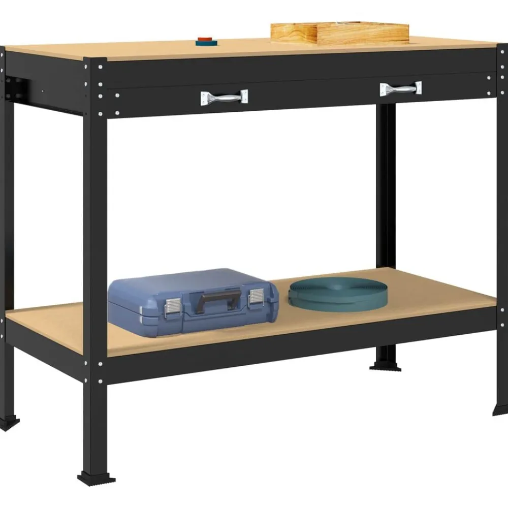 vidaXL Banco de trabajo con cajón con estante Negro 114 x 54 x 91 cm Sale