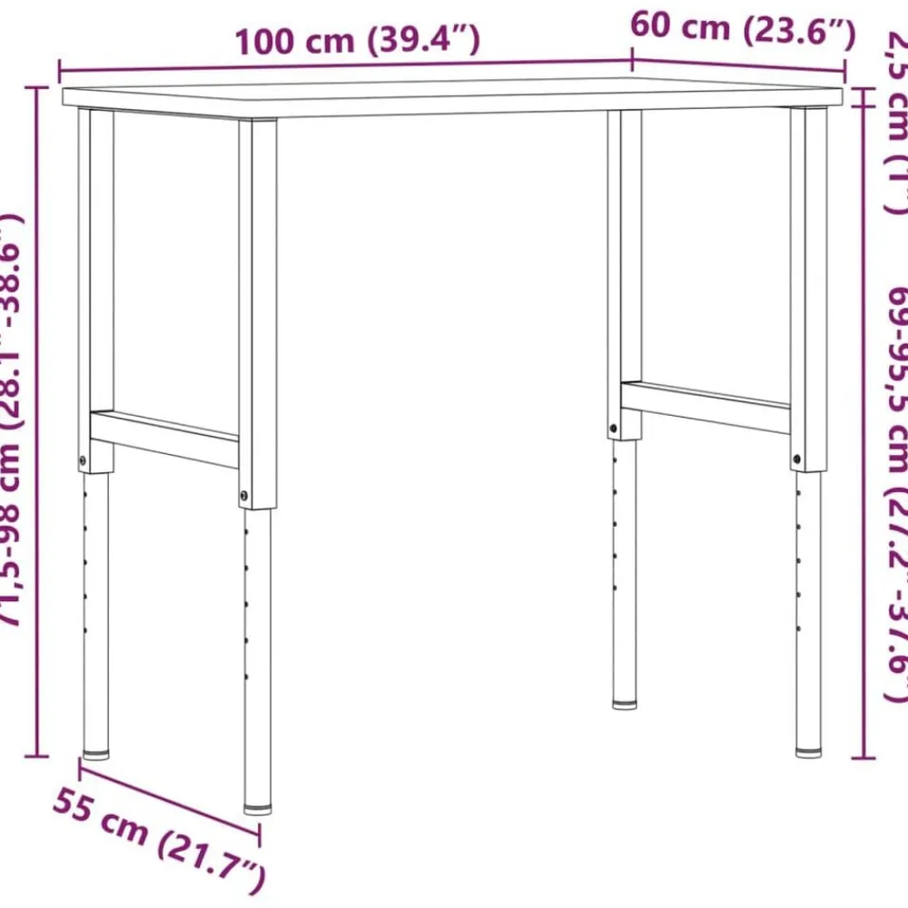 vidaXL Banco de trabajo rectangular madera maciza 100x60x(71,5-98) cm marrón claro y negro Best