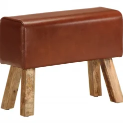 vidaXL Bancos-Banco potro gimnasio cuero auténtico madera mango marrón 58 cm