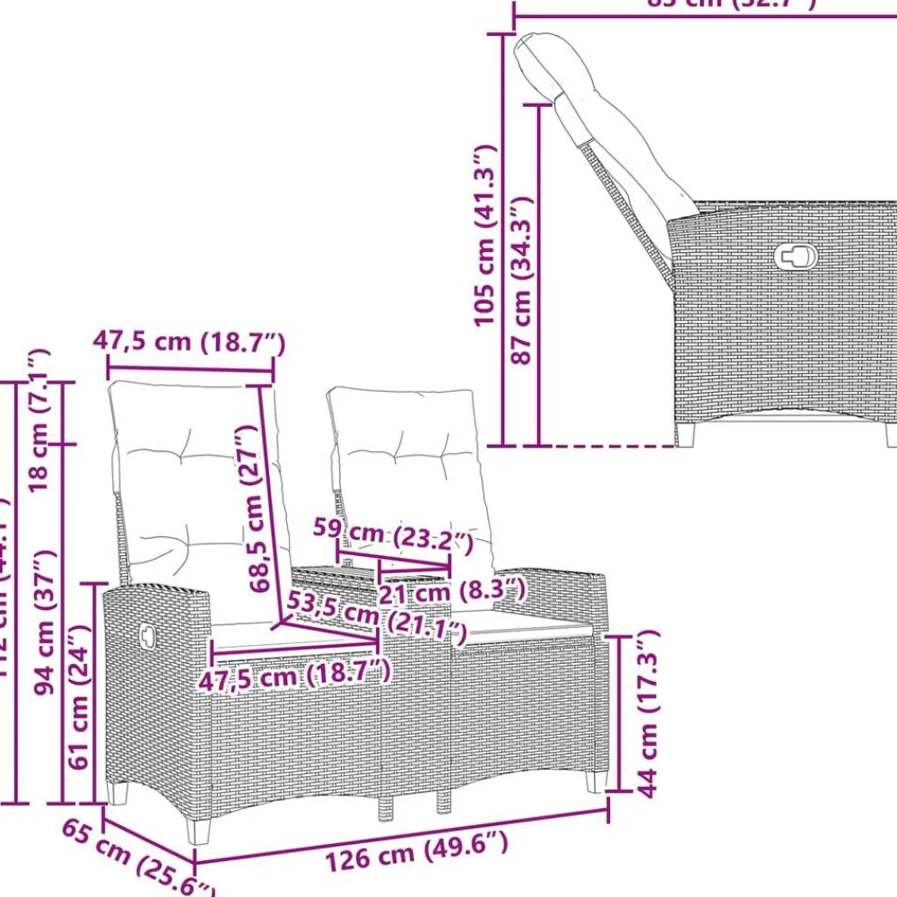 vidaXL Muebles De Jardín-Banco reclinable con mesa 126 x 65 x 112 cm