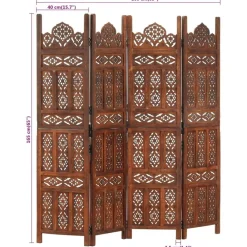 vidaXL Divisores De Ambientes-Biombo 4 paneles tallado a mano madera mango marrón 160x165 cm