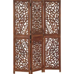 vidaXL Divisores De Ambientes-Biombo 3 paneles tallado a mano madera mango marrón 120x165 cm