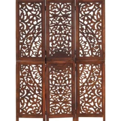 vidaXL Divisores De Ambientes-Biombo 3 paneles tallado a mano madera mango marrón 120x165 cm