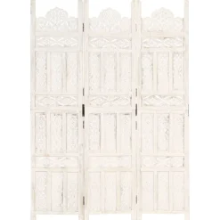vidaXL Biombo 3 paneles tallado a mano madera mango 120x165 cm Blanco Best