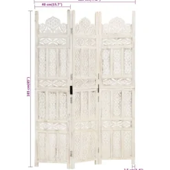 vidaXL Biombo 3 paneles tallado a mano madera mango 120x165 cm Blanco Best