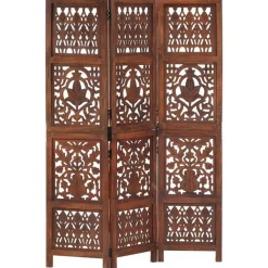 vidaXL Biombo 3 paneles tallado a mano madera mango marrón 120x165 cm Marr&oacute;n Online