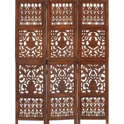 vidaXL Biombo 3 paneles tallado a mano madera mango marrón 120x165 cm Marr&oacute;n Online