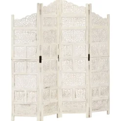 vidaXL Biombo 4 paneles tallado a mano madera mango 160x165 cm Blanco Sale