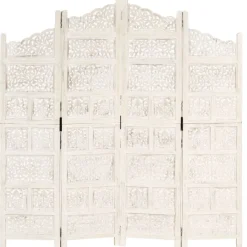 vidaXL Biombo 4 paneles tallado a mano madera mango 160x165 cm Blanco Sale