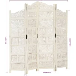 vidaXL Biombo 4 paneles tallado a mano madera mango 160x165 cm Blanco Sale