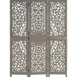 vidaXL Biombo 3 paneles tallado a mano madera de mango 120x165 cm Gris Sale