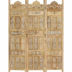 vidaXL Biombo de 3 paneles tallado a mano madera de mango 120x165 cm Marr&oacute;n claro Sale