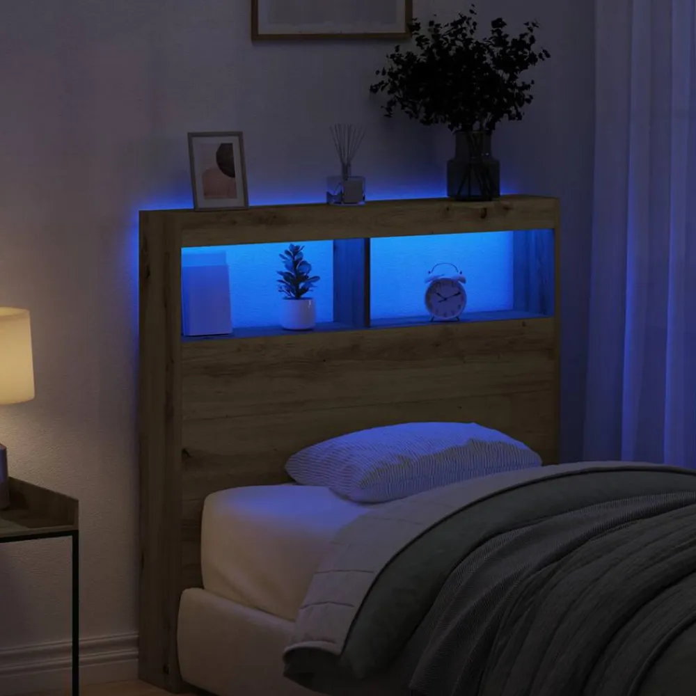 vidaXL Camas Y Accesorios-Cabecero de cama con LED roble artesanal 100x17x102 cm