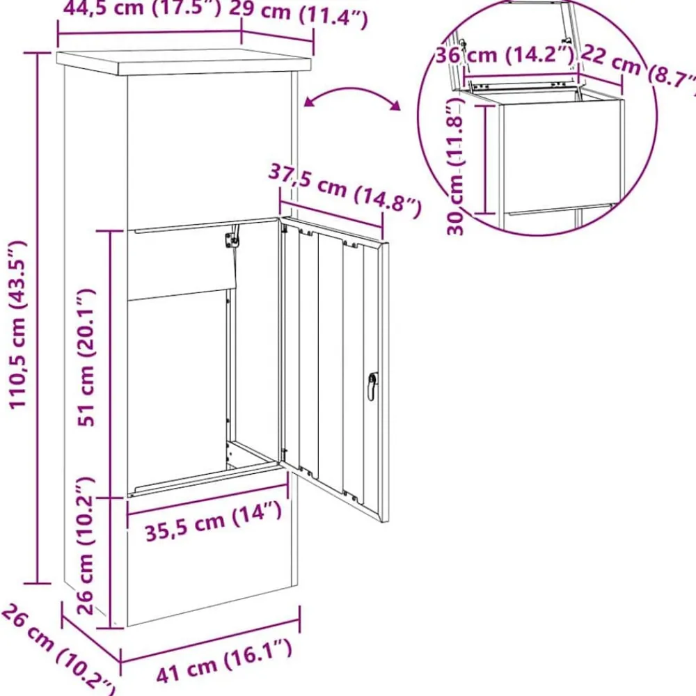 vidaXL Caja de entrega de paquetes Negro 44,5 x 29 x 110,5 cm Acero galvanizado New