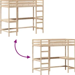vidaXL Camas Y Accesorios-Cama alta con escritorio madera maciza de pino 100x200 cm