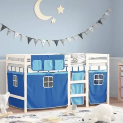 vidaXL Camas Y Accesorios-Cama alta para niños con cortinas madera pino azul 90x190 cm