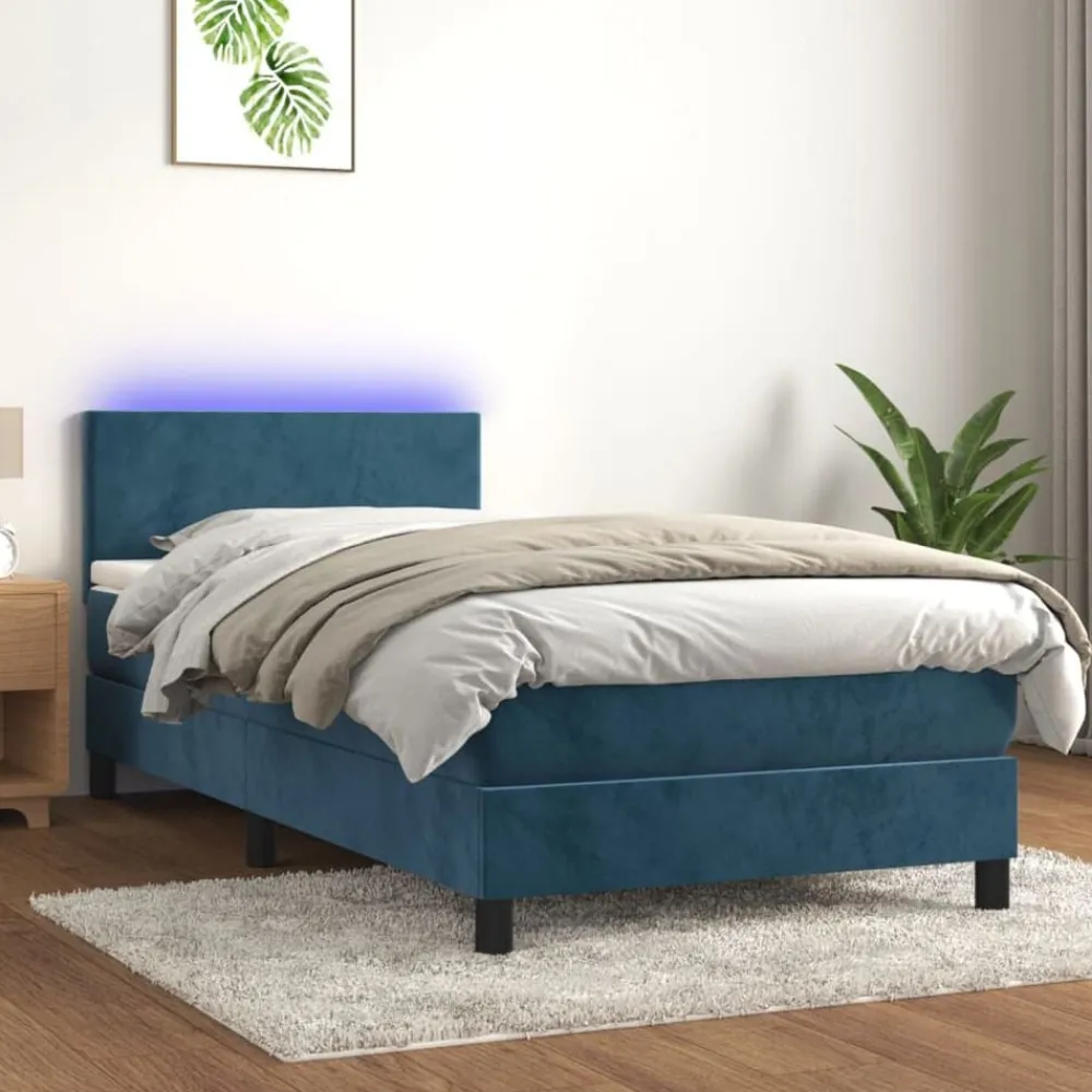 vidaXL Cama box spring colchón y LED terciopelo 80x200 cm Azul oscuro Discount