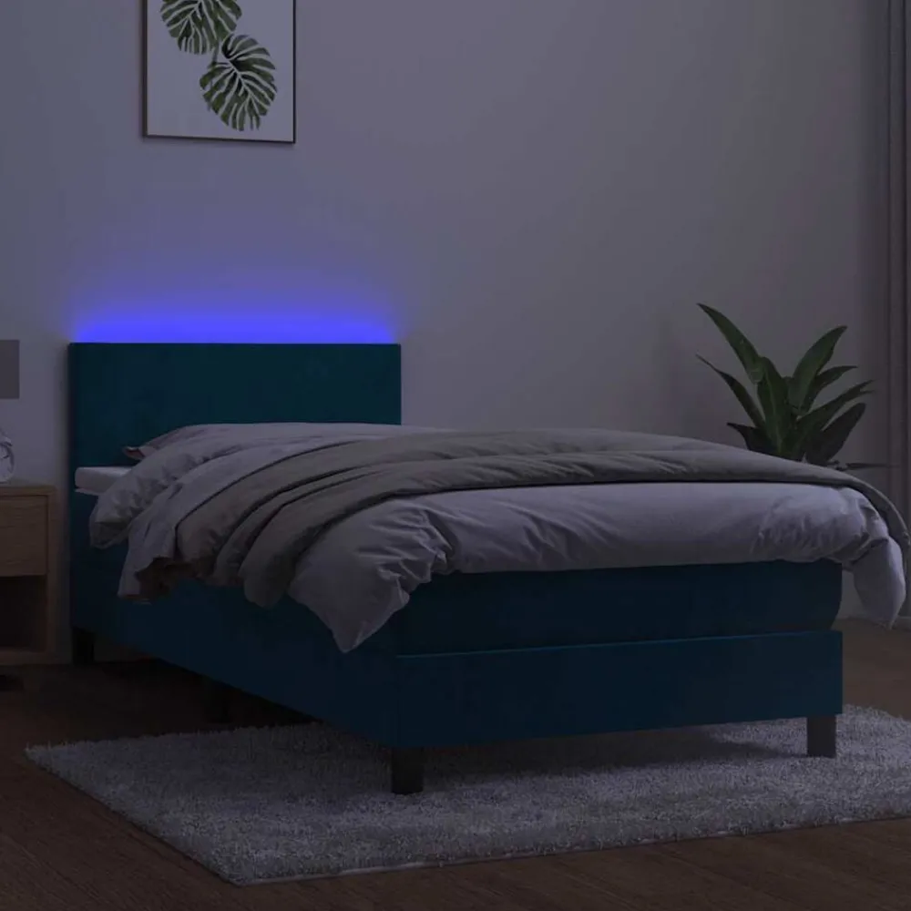 vidaXL Cama box spring colchón y LED terciopelo 80x200 cm Azul oscuro Discount