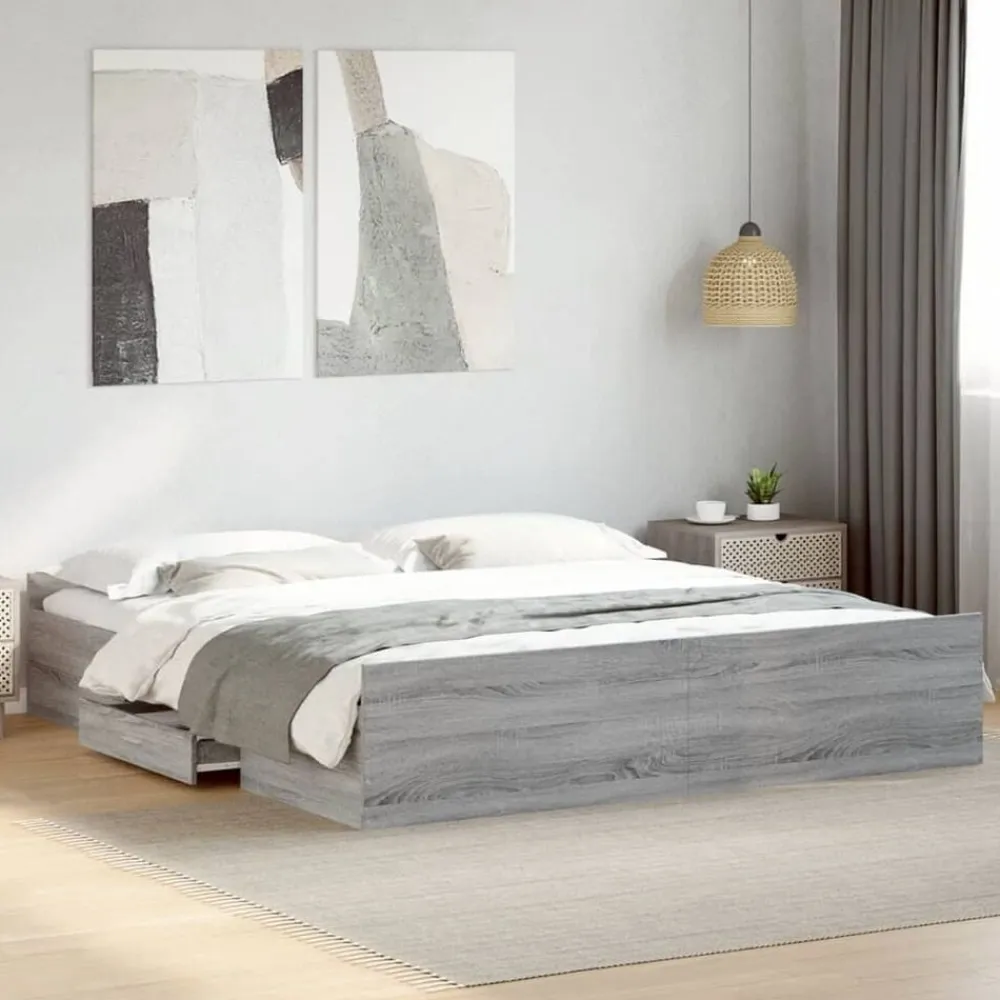 vidaXL Cama con cajones madera ingeniería 200x200 cm Gris sonoma New
