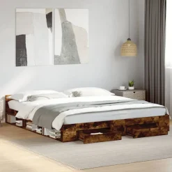 vidaXL Cama con cajones madera de ingeniería 200x200 cm Roble ahumado Clearance